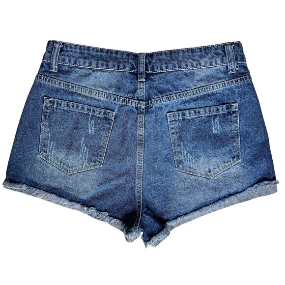 Distressed Casual Blue Jean Shorts Womens M Leopard Pockets Fray Cuff High Waist - Picture 6 of 10